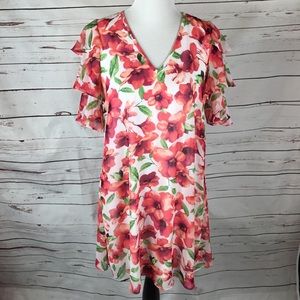 Calvin Klein Floral Shift Dress W/Ruffle Sleeves